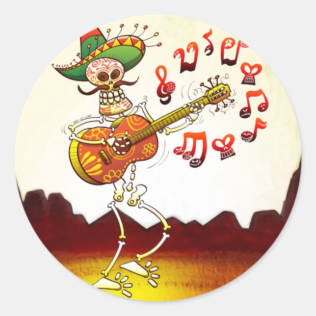 Sticker Rond Mexican Skeleton Playing (Devant)
