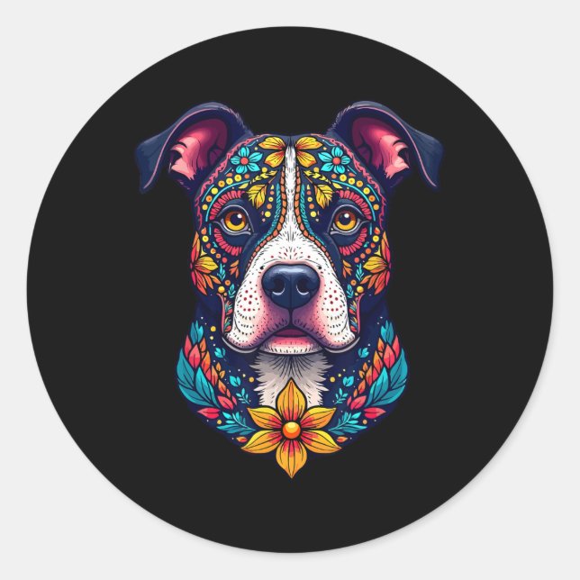 Sticker Rond Mexican Sugar Skull Pitbull Dog Dia De Muertos Hal (Devant)