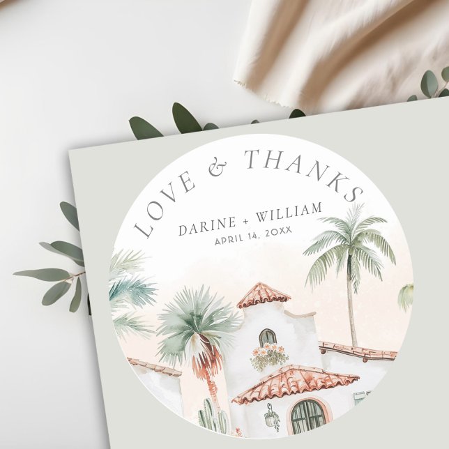 Sticker Rond Mexique Aquarelle Palm Tree Destination Mariage (Créateur téléchargé)