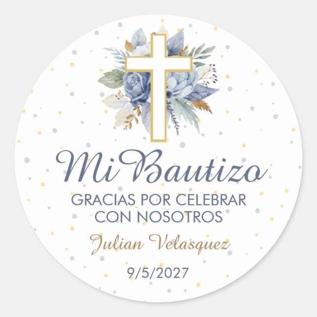 Sticker Rond Mi Bautizo Niño Azul Flores Cruz Croix du baptême (Devant)