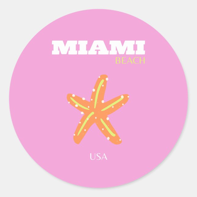 Sticker Rond Miami, Miami Beach, Floride, Preppy, Rose, Orange (Devant)