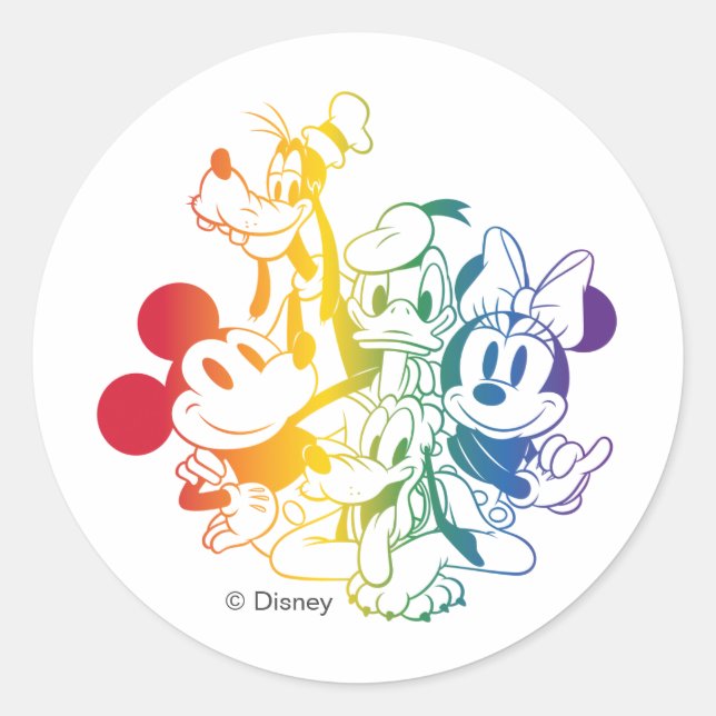 Sticker Rond Mickey et amis heureux Rainbow (Devant)