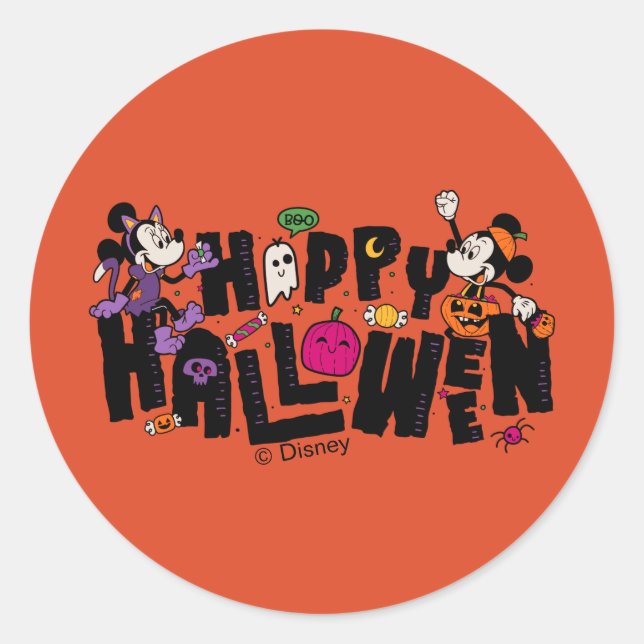 Sticker Rond Mickey et Minnie - Bonne Halloween (Devant)