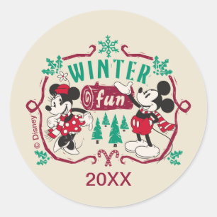 Sticker Rond Mickey et Minnie vintage Amusement hivernal