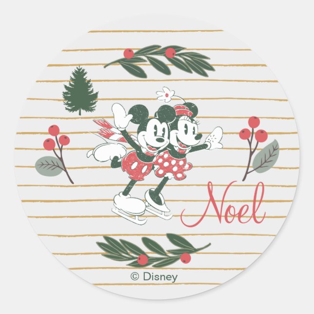 Sticker Rond Mickey & Minnie | Noel de patinage de Noël (Devant)