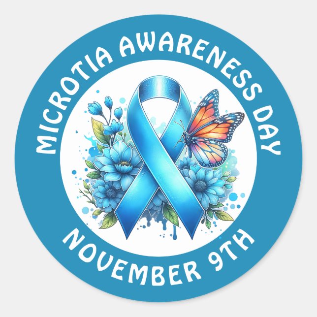 Sticker Rond Microtia Blue Awareness Day Ribbon and Butterfly (Devant)