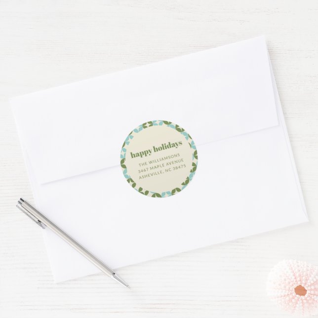 Sticker Rond Mid Century Blue Green Holiday Adresse de retour (Enveloppe)
