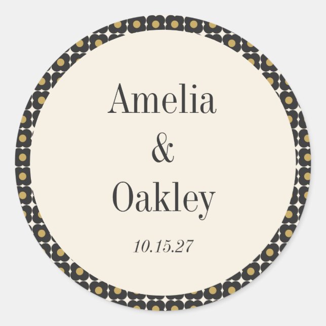 Sticker Rond Mid Century Bold Black Gold Floral Mariage personn (Devant)