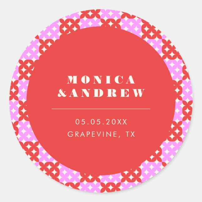 Sticker Rond Mid Century Moderne Rétro Rouge et rose Géométriqu (Devant)