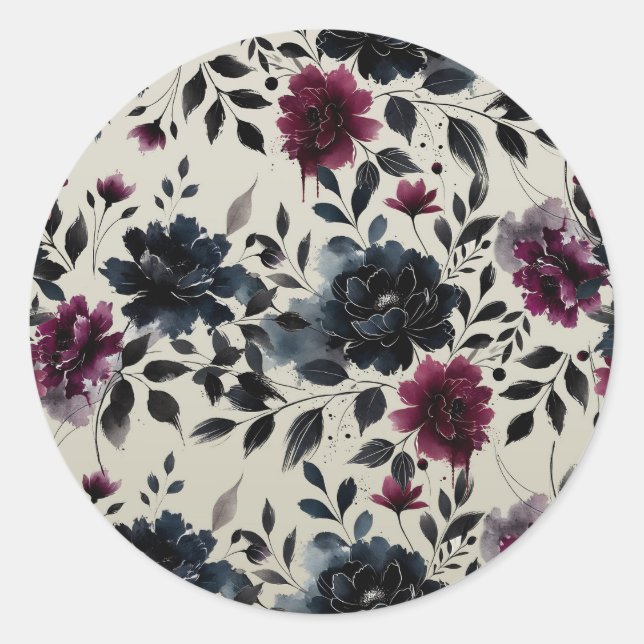 Sticker Rond Midnight Blue Bourgogne Inky Floral Almond Mariage (Devant)
