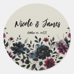 Sticker Rond Midnight Blue Bourgogne Inky Floral Almond Mariage