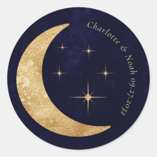 Sticker Rond Midnight Blue Celestial Gold Moon Stars Mariage