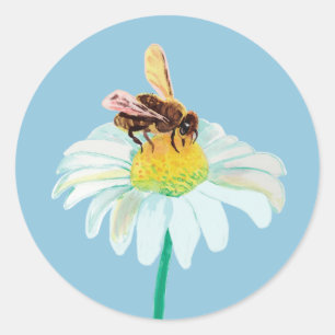 Sticker Rond Miel Abeille Boire Nectar de la Fleur Blanche
