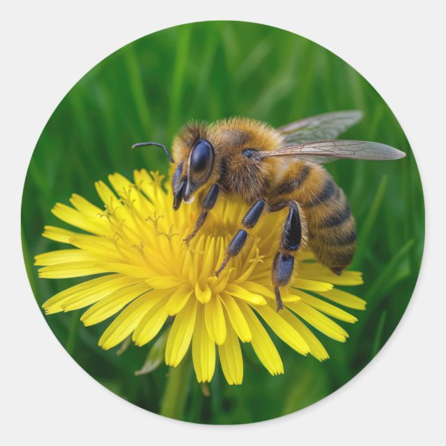 Sticker Rond Miel abeille sur un Dandelion Jaune (Devant)
