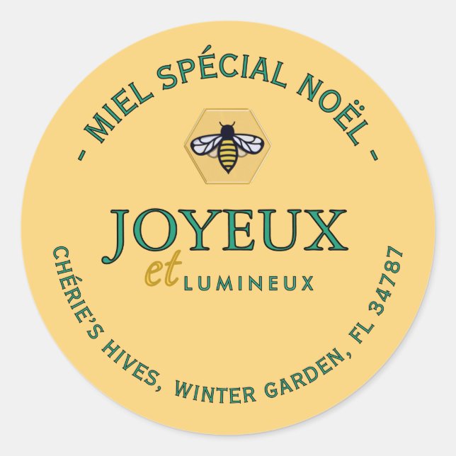 Sticker Rond Miel de Noël spécial abeille française en Hexagon (Devant)