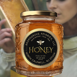 Sticker Rond Miel d'or métallique sur noir avec abeille et fron