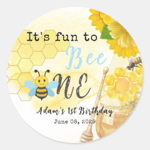 Sticker Rond Miel doux Bleu Jaune Abeille Vert 1er Anniversaire
