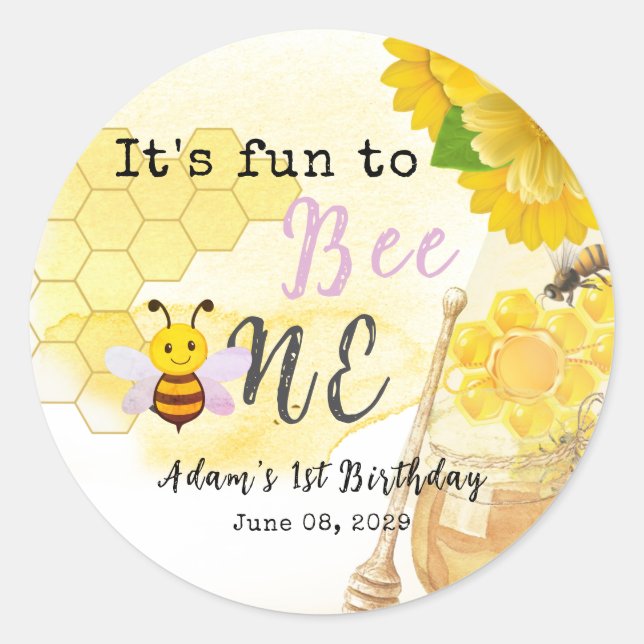Sticker Rond Miel doux Lilac Jaune Abeille verte 1er anniversai (Devant)