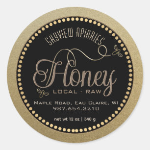 Sticker Rond Miel Gold Kraft Grunge Bordure Abeilles noires
