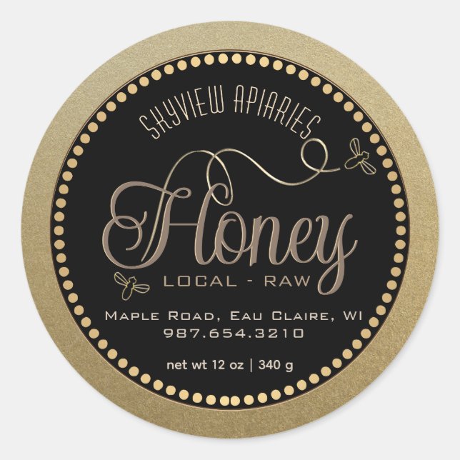 Sticker Rond Miel Gold Kraft Grunge Bordure Abeilles noires (Devant)