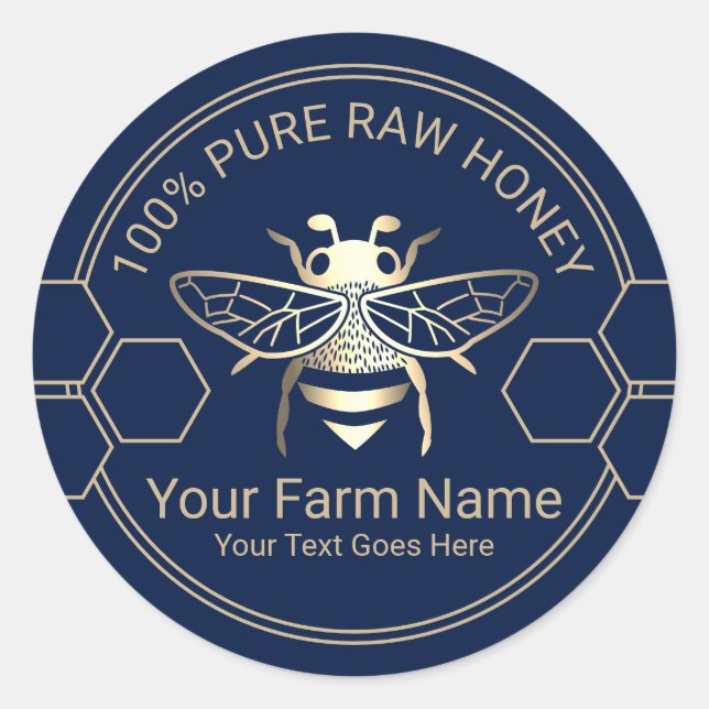 Sticker Rond Miel Jar Bee Miel Apiary Beekeeper Marine & Gold (Devant)