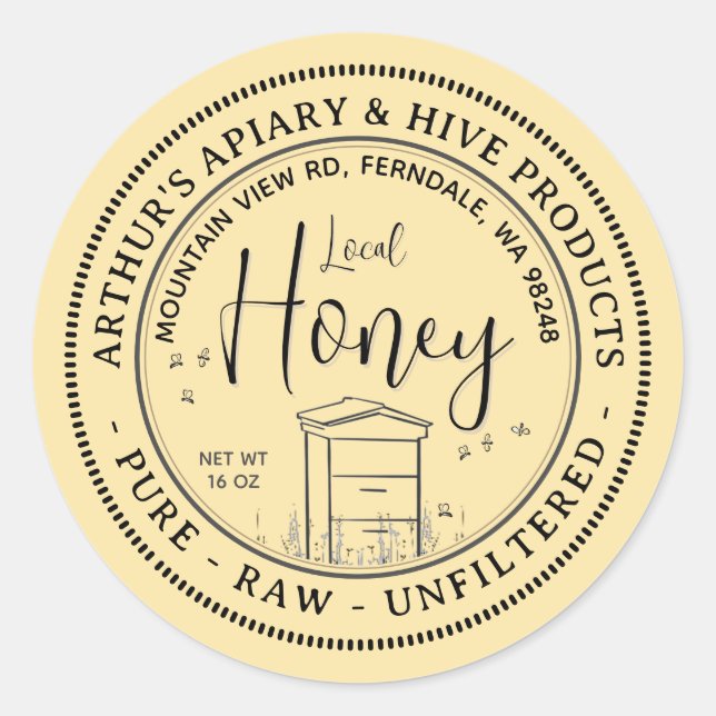 Sticker Rond Miel local avec ruche et abeilles Pure Raw Non fil (Devant)