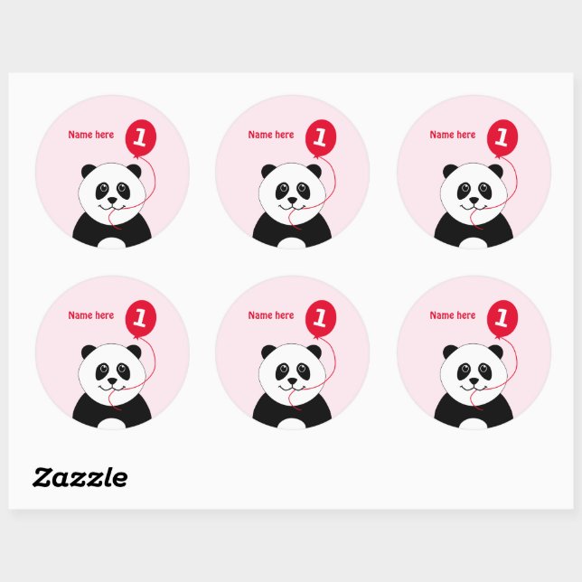 Sticker Rond mignon 1er anniversaire panda ajouter nom rose (Feuille)