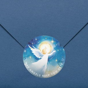 Sticker Rond Mignon ange gardien bleu et blanc à l'aquarelle