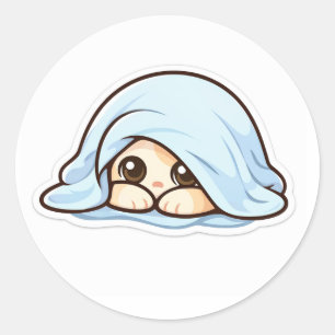 Sticker Rond Mignon Bébé Kawaii Timide Sous La Couverture – Dou
