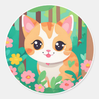 Sticker Rond mignon chat anime avec des fleurs