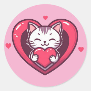 Sticker Rond Mignon Chat Blanc avec Design de Kawaii Kitty Love