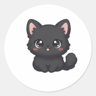 Sticker Rond Mignon Chat Noir Chibi Kawaii Langue