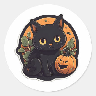 Sticker Rond Mignon Chat Noir Halloween Jack-o'-Lantern