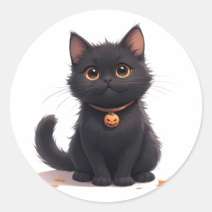 Sticker Rond Mignon Chat Noir Kawaii Halloween Magie 🎃