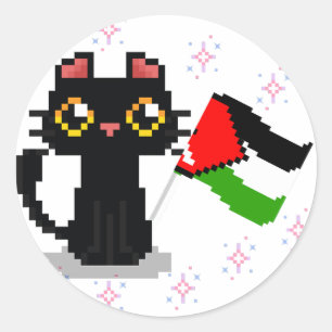 Sticker Rond mignon chat noir tient drapeau de la Palestine