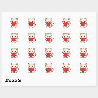 Sticker Rond Mignon Chaton Tenant un Cœur Rouge - Adorable Ca K