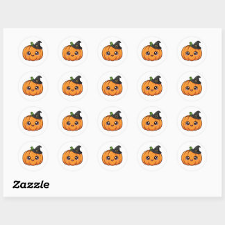 Sticker Rond Mignon citrouille d'Halloween avec chapeau de sorc