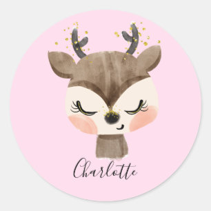 Sticker Rond Mignon Cute & Féminin Pastel Rose Saumon Renne de
