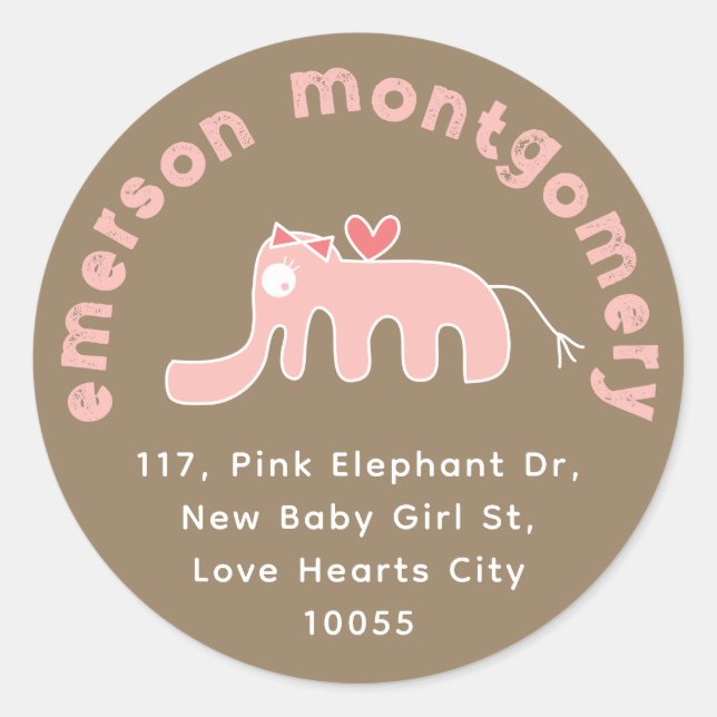 Sticker Rond Mignon Éléphant Rose Fille Bébé Naissance Adresse  (Devant)