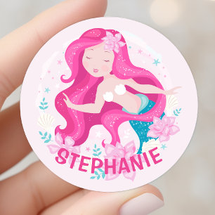 Sticker Rond Mignon Fille Sirène Cheveux Roses Fantaisie Person