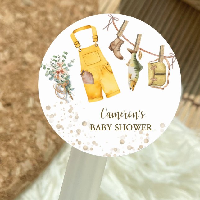 Sticker Rond Mignon Genre Neutre Petit Pêcheur Baby shower (Créateur téléchargé)