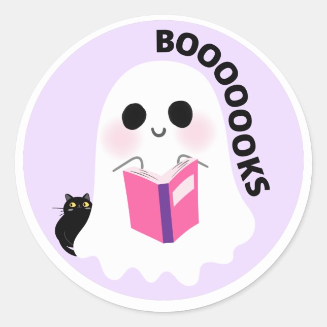 Sticker Rond Mignon girly éffrayant fantôme noir chat lire livr (Devant)