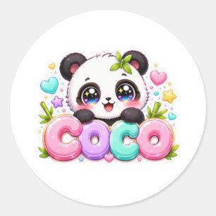 Sticker Rond Mignon Kawaii Coco Panda Nom Pastel Rose Étincelan