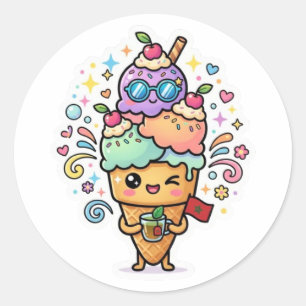 Sticker Rond Mignon Kawaii Marocain Été Thé à la Menthe Glacé B