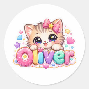Sticker Rond Mignon Kawaii Oliver Nom de Chat Pastel Rose Étinc