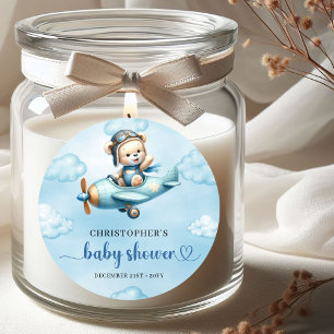 Sticker Rond Mignon ours en peluche pilote avion bleu marron bé