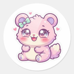 Sticker Rond Mignon Ours Rose Pastel Chibi Chatoune Cœur St