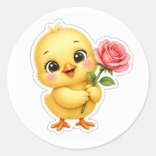 Sticker Rond Mignon poussin tenant une rose – Adorable bébé pou