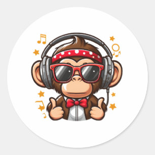 Sticker Rond Mignon singe DJ avec casque pour enfants