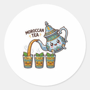 Sticker Rond Mignon Théière et Verres à Thé à la Menthe Marocai